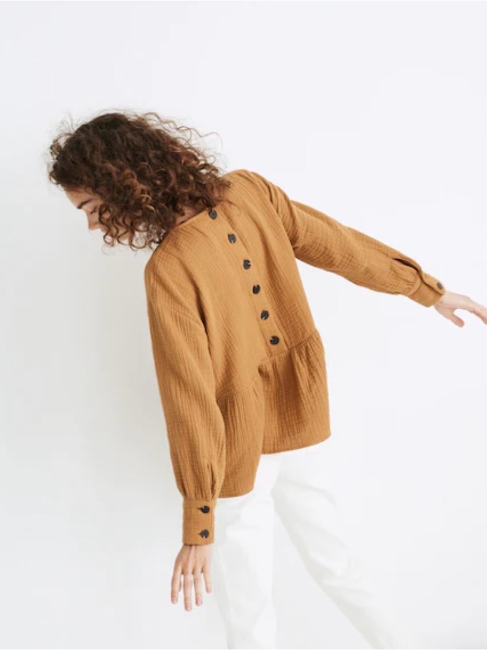 Madewell Crinkled Peplum long sleeve in Mustard with fun big buttons